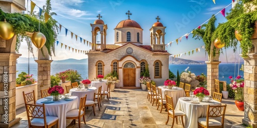 Elegant decorations and preparations are in place at a historic Orthodox church on a tranquil Turkish island for a baptism celebration. photo