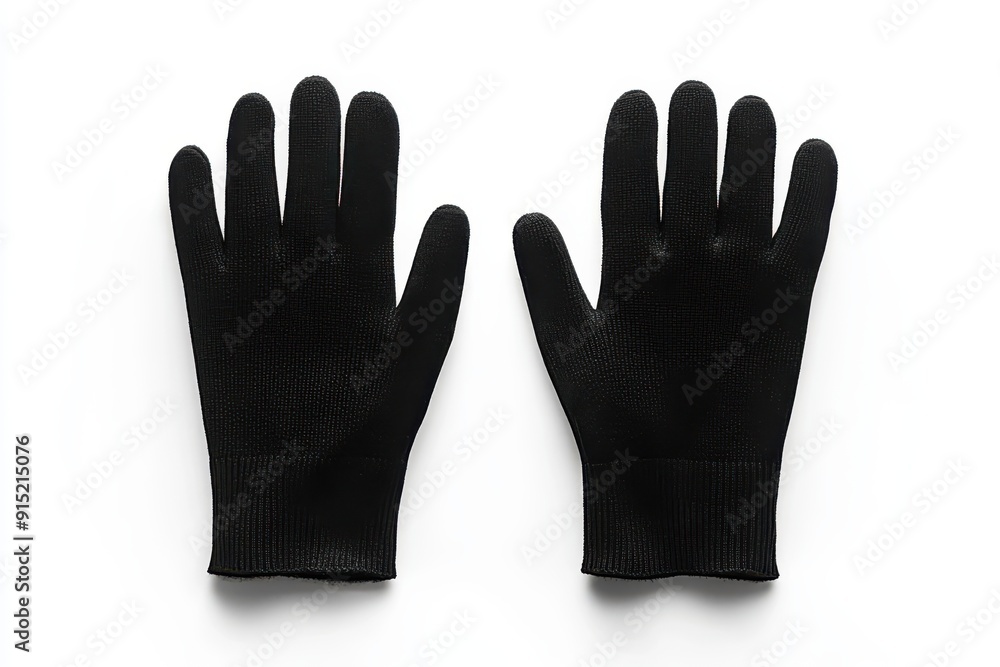 Obraz premium A pair of black gloves is laid flat on a white background