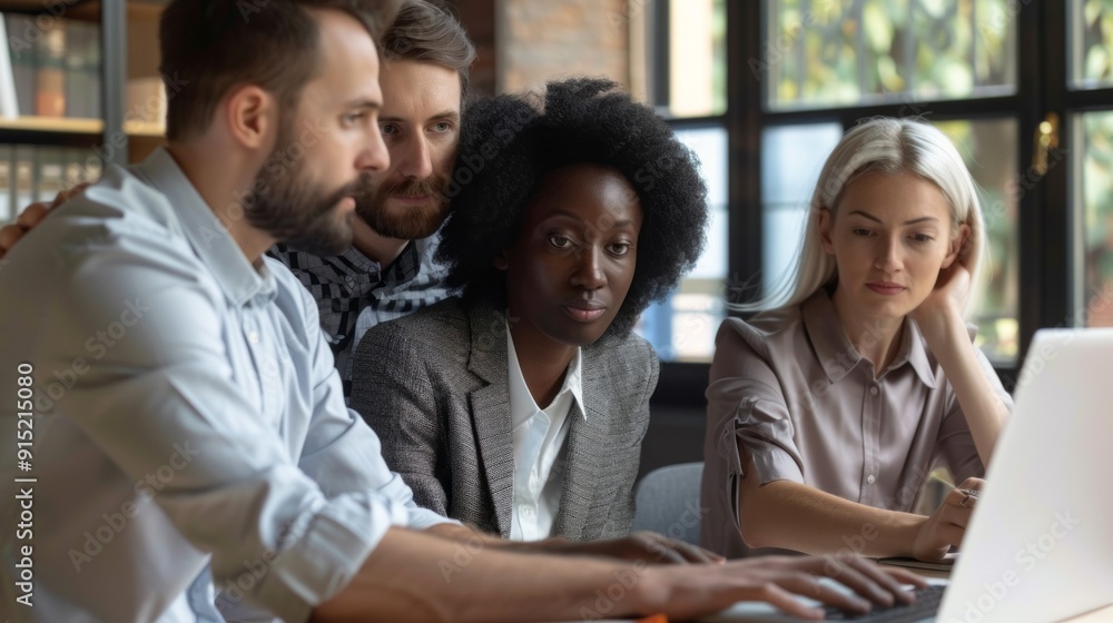 A group of people are sitting around a table looking at a laptop A group of people are sitting around a table looking at a laptop