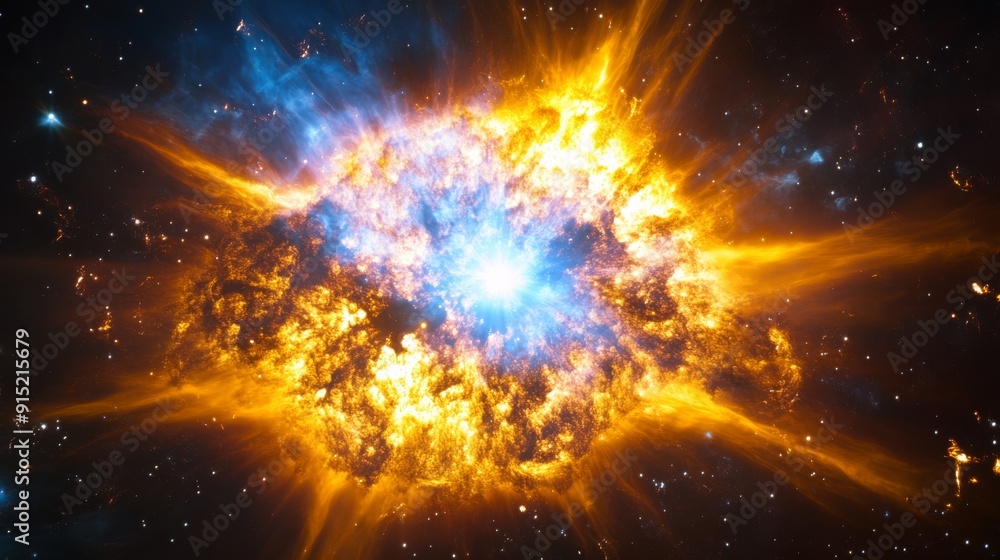 A star explosion in space, surrounded nebulae and stars. The light from the contour of the explosions is reflected on its surroundings A star explosion in space, surrounded nebulae and stars. The light from the contour of the explosions is reflected on its surroundings