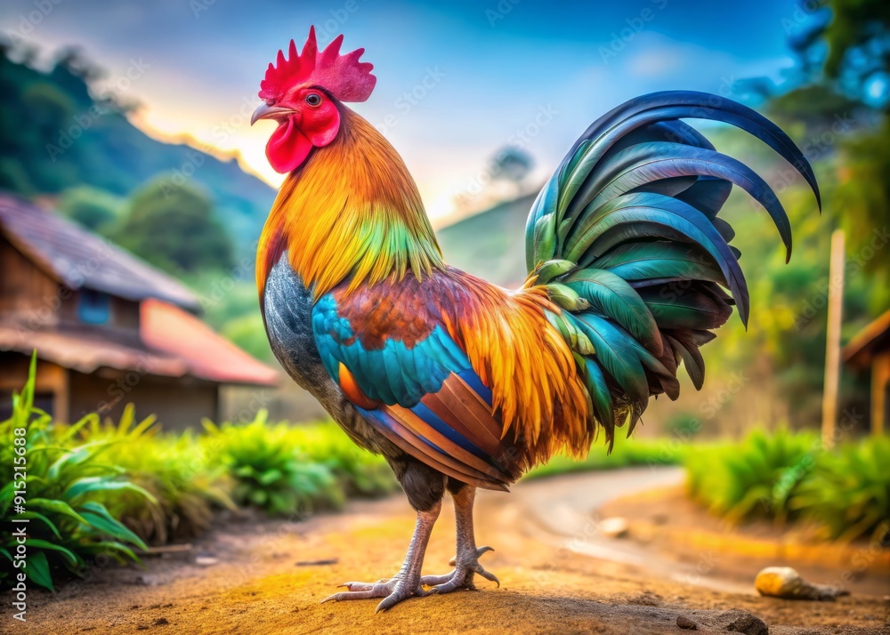 custom made wallpaper toronto digitalVibrant rooster with iridescent blue-green feathers, large build, and confident stance, symbolizing strength, courage, and pride in a rural landscape.