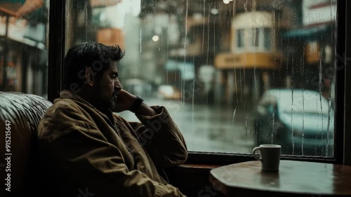 Wallpaper Mural Pensive man in a cafe, looking out a rainy window, looped video of contemplative mood Torontodigital.ca