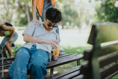 Group of young friends relaxing on a park bench, enjoying a refreshing drink and the pleasant summer weather.