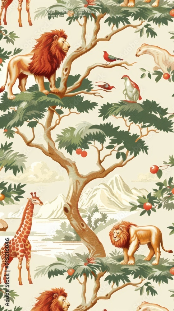 Obraz premium A vibrant fabric pattern features lions and giraffes among trees and birds in a serene nature setting