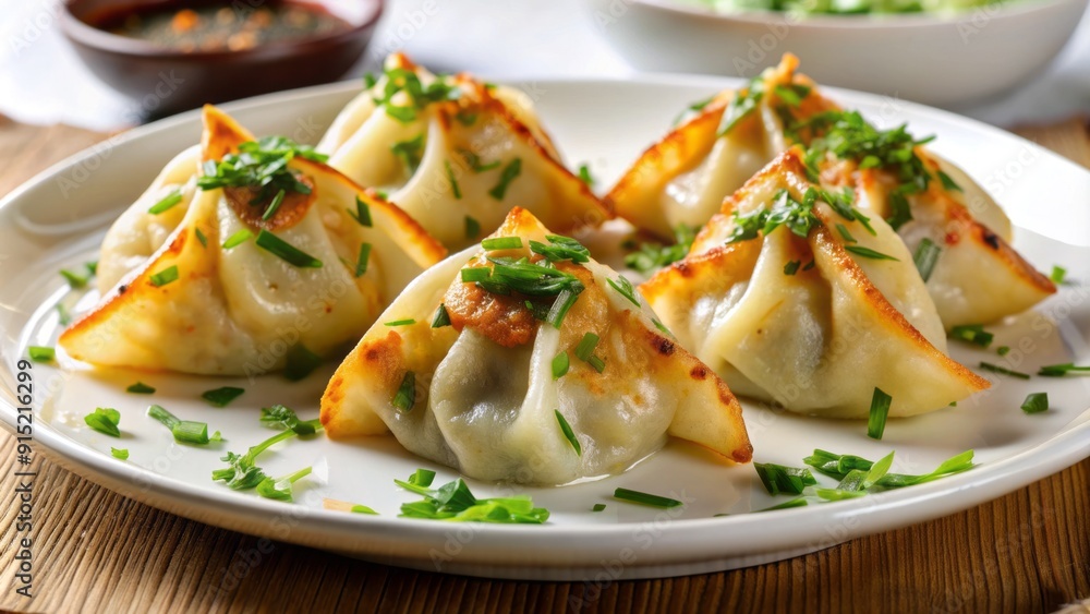 Crispy fried dumplings filled with savory garlic chives, arranged artfully on a pristine white plate, ready for consumption. Crispy fried dumplings filled with savory garlic chives, arranged artfully on a pristine white plate, ready for consumption.