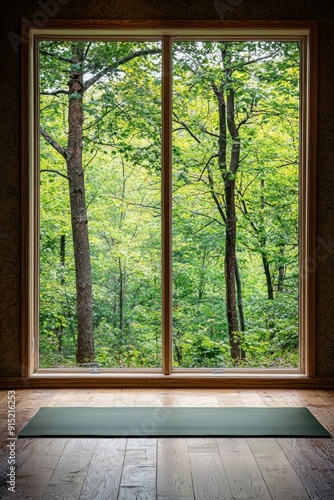 A window in a tranquil yoga studio, offering a view of a serene forest. 