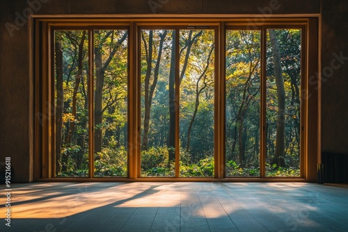 A window in a tranquil yoga studio, offering a view of a serene forest.  photo