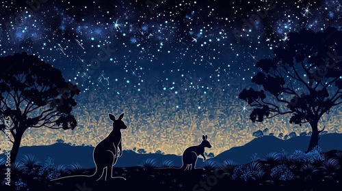 Silhouette of Kangaroos under a Starry Night Sky.