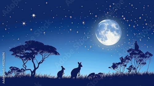 Silhouettes of Kangaroos under a starry night sky.