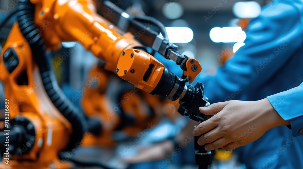 A technician interacts with an orange robotic arm while assembling intricate parts in a modern manufacturing environment filled with advanced technology A technician interacts with an orange robotic arm while assembling intricate parts in a modern manufacturing environment filled with advanced technology