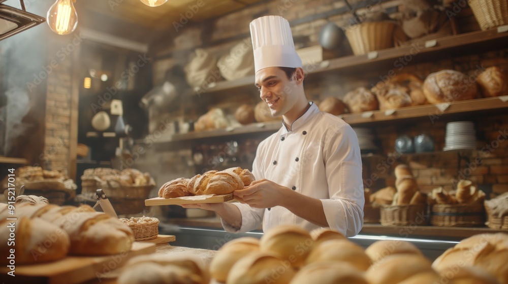 Chef baking pastries in a cozy bakery, highlighting culinary creativity and dedication