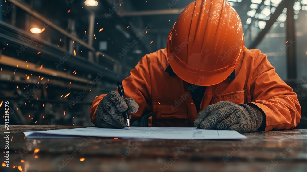 Focused worker in safety gear writing on blueprints with sparks flying in an industrial setting. Focused worker in safety gear writing on blueprints with sparks flying in an industrial setting.