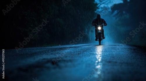A lone motorcyclist navigates a wet road during a nighttime rain shower, illuminated by the bike's headlight against a backdrop of trees