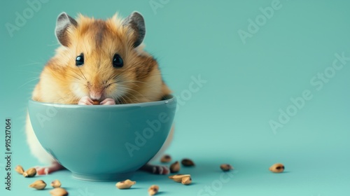 Cute hamster sitting in a light blue bowl with scattered seeds on a blue background. Concepts of adorable pets, rodent care, and whimsical animal moments.