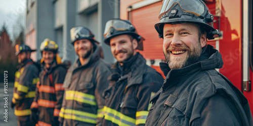 A group of firefighters stand in front of a firetruck, smiling and looking at the camera.. caucasian man