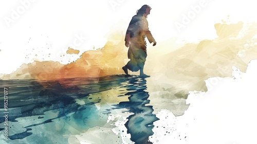 Watercolor Biblical Illustration of Jesus Walking on Water, Serenity and Faith, Beige Background, copyspace