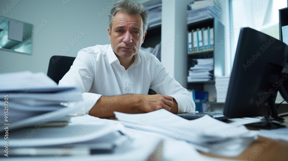 A stressed office worker sits at his cluttered desk, surrounded by piles of paperwork, looking contemplative in a well-lit workspace A stressed office worker sits at his cluttered desk, surrounded by piles of paperwork, looking contemplative in a well-lit workspace