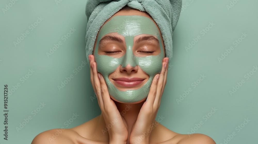 A woman with a towel on her head smiles while applying a green facial mask, embracing a moment of relaxation and self-care in a calming environment A woman with a towel on her head smiles while applying a green facial mask, embracing a moment of relaxation and self-care in a calming environment