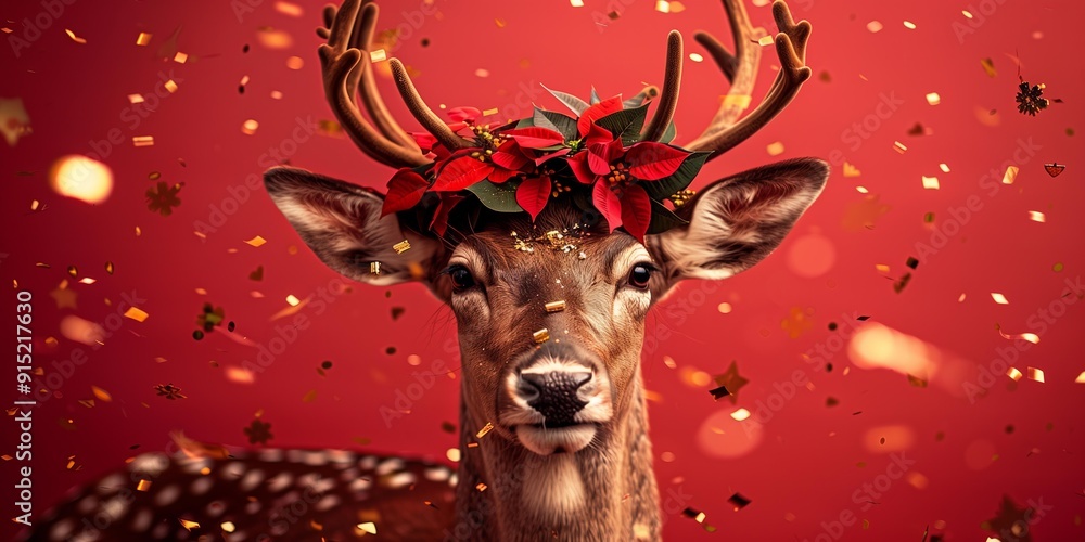 real reindeer with poinsettia floral crown on a deep red color background with golden flying confetti real reindeer with poinsettia floral crown on a deep red color background with golden flying confetti