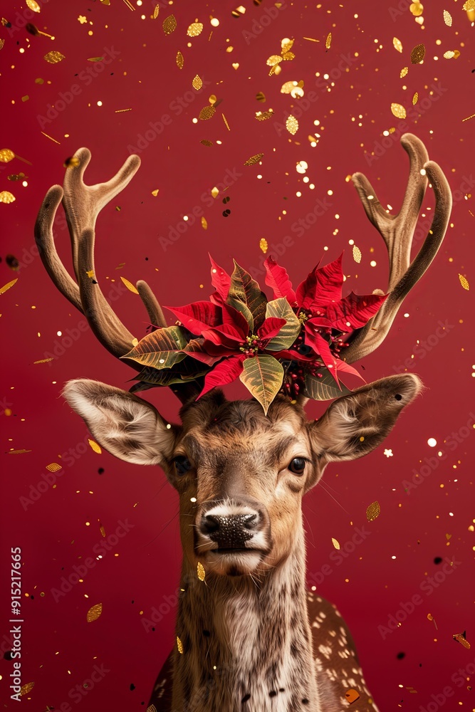 real reindeer with poinsettia floral crown on a deep red color background with golden flying confetti