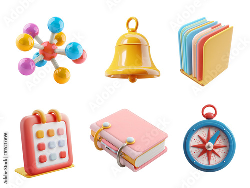 3d school objects png. 3d molecule, calendar, bell, folders, notebook and compass. 3d school.