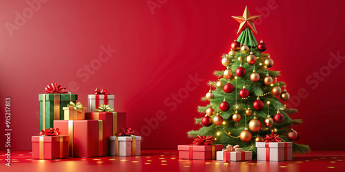 Happy New Year background with 3d decorative christmas tree, gifts on red background. Xmas decoration for greeting card or web banner