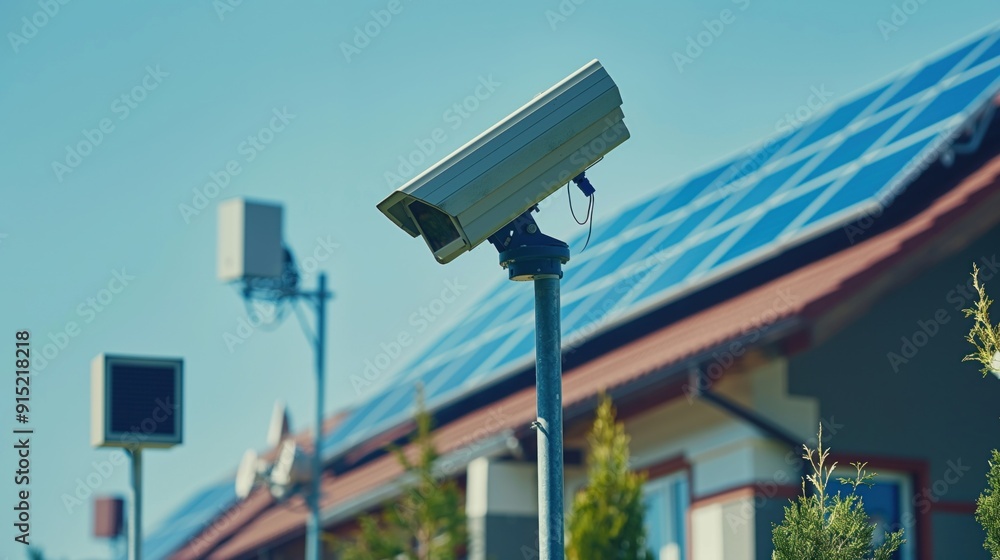 Security camera is mounted on solar panels, monitoring the area as sunlight reflects off the solar modules during a bright day