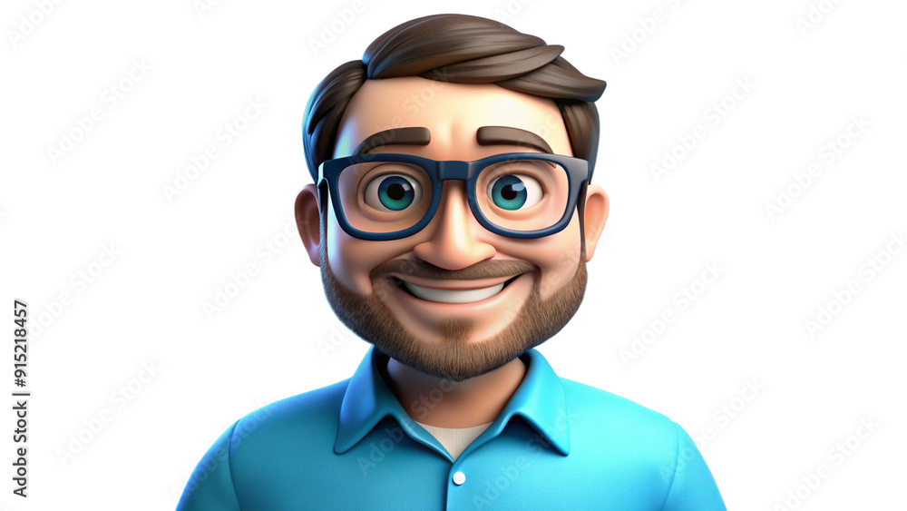 Happy smiling cartoon character adult man person portrait wearing blue shirt and big glasses in 3d style design on light background. Human people feelings expression concept Happy smiling cartoon character adult man person portrait wearing blue shirt and big glasses in 3d style design on light background. Human people feelings expression concept