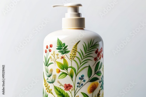 Close-up of a white shampoo bottle with a colorful label featuring a botanical illustration and a list of natural ingredients in a modern, minimalist design. photo