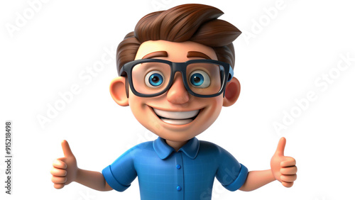 Happy smiling cartoon character adult man person portrait wearing blue shirt and big glasses in 3d style design on light background. Human people feelings expression concept