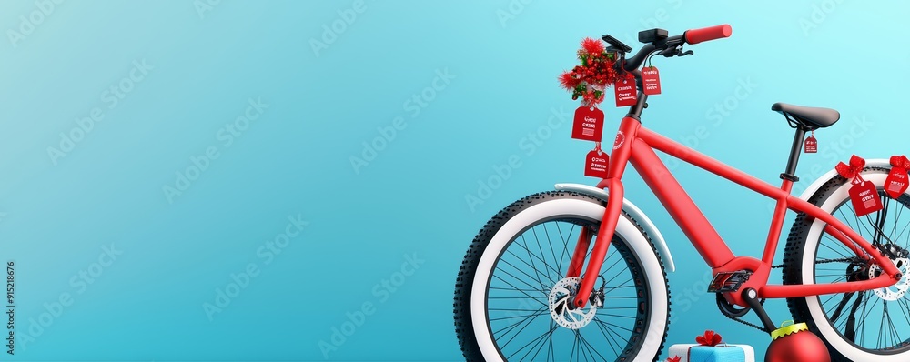 Fototapeta premium Festive Red Bicycles Decorated With Holiday Ornaments and Blue Background Ready for Celebration
