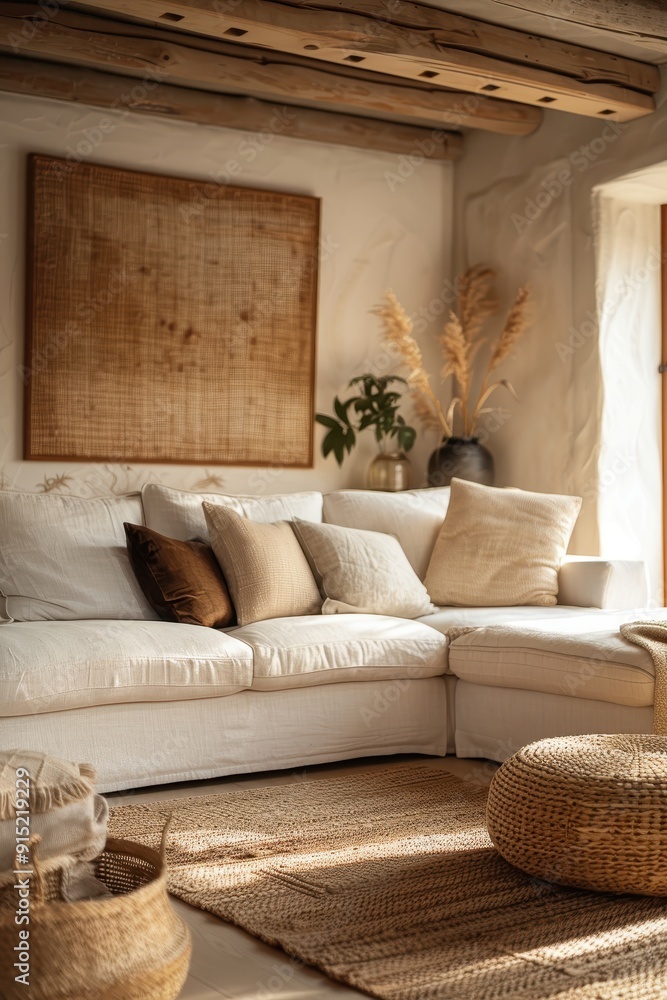 Fototapeta premium Cozy Rustic Living Room with Natural Decor and Comfortable White Sofa in Sunlit Interior