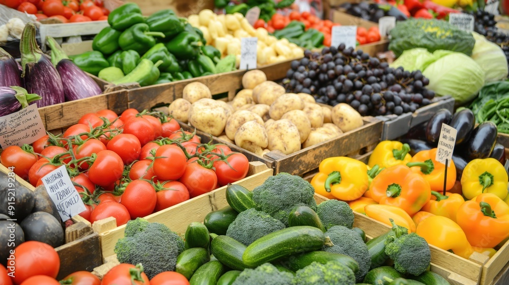 Vibrant assortment of fresh vegetables and fruits fills wooden crates at a bustling farmer's market during the warm summer months, showcasing local produce and agricultural abundance