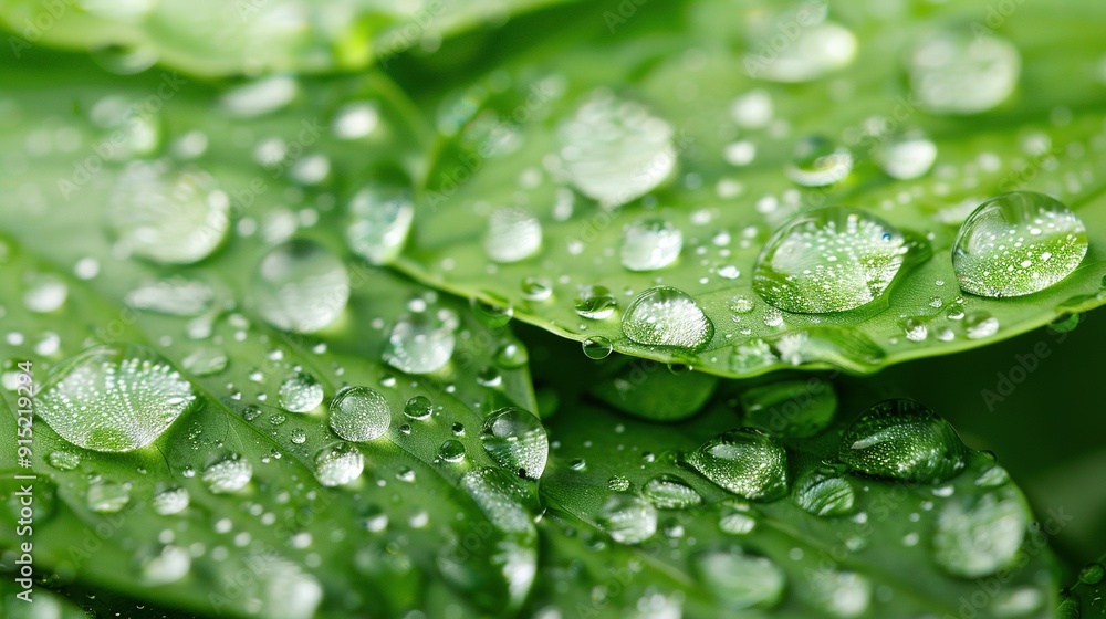 A close-up of a green leaf with water droplets, and green leaves with water droplets A close-up of a green leaf with water droplets, and green leaves with water droplets