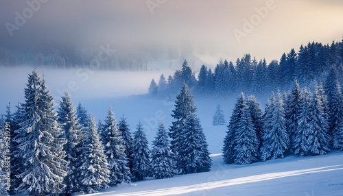 Snowy scene with foggy morning