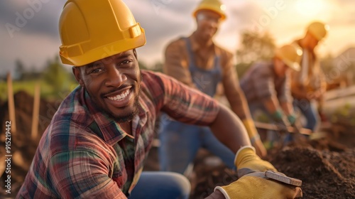 People building homes with Habitat for Humanity, teamwork and construction, expressions of hope and collaboration, promoting affordable housing and volunteerism, construction site setting photo