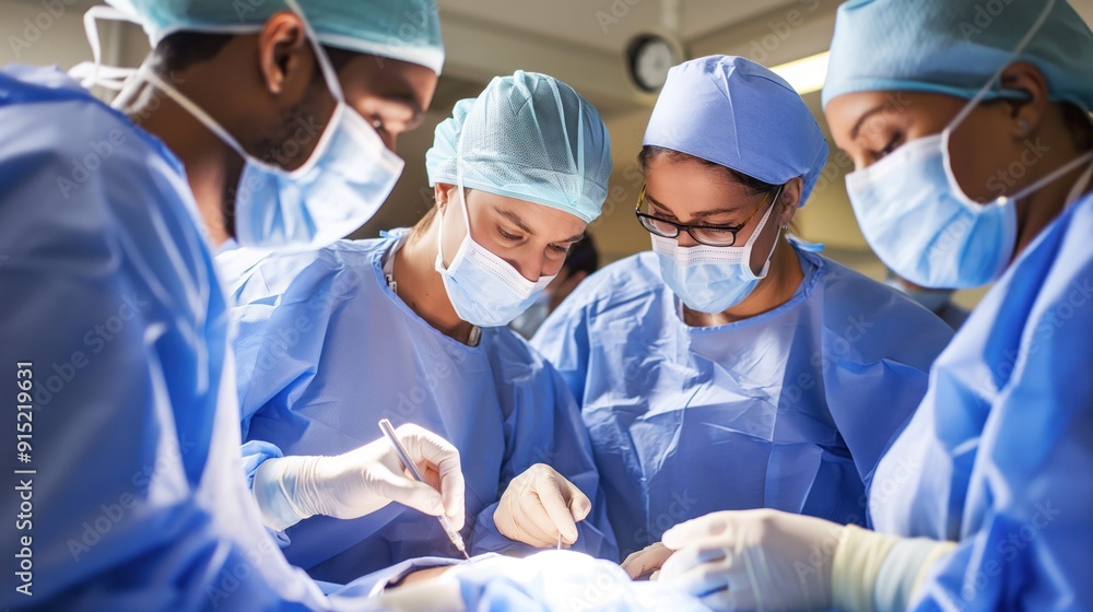Medical professionals perform a critical surgical procedure, focusing intently on their tasks in a well-equipped operating room Medical professionals perform a critical surgical procedure, focusing intently on their tasks in a well-equipped operating room