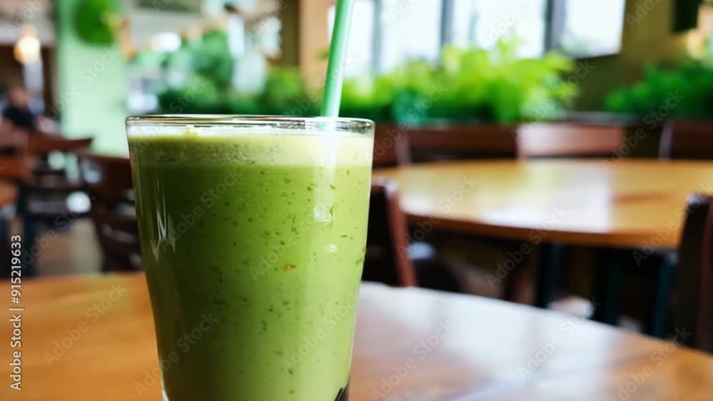 Glass of Iced matcha green tea latte on a cozy cafe table, wooden tables and green plants as blurry background, wellness cafe Glass of Iced matcha green tea latte on a cozy cafe table, wooden tables and green plants as blurry background, wellness cafe
