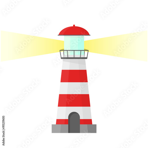 Classic beautiful lighthouse with light in cartoon style on a white background. A red and white lighthouse indicating ships in the dark