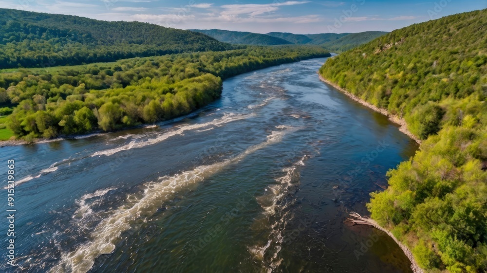 Obraz premium Bird’s-eye view of river in wooded hills