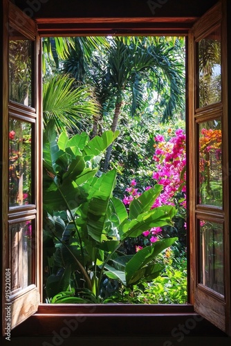 A window in an exotic tropical villa, framing a view of lush greenery and colorful flowers.  photo