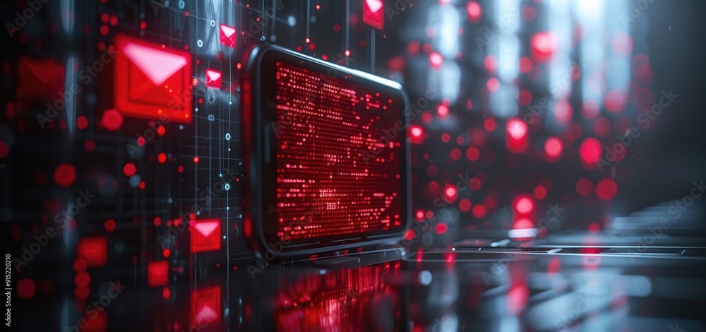 Digital tablet with red binary code and email icons on a futuristic dark background. Concepts of cybersecurity, phishing attack and digital data transmission. Digital tablet with red binary code and email icons on a futuristic dark background. Concepts of cybersecurity, phishing attack and digital data transmission.