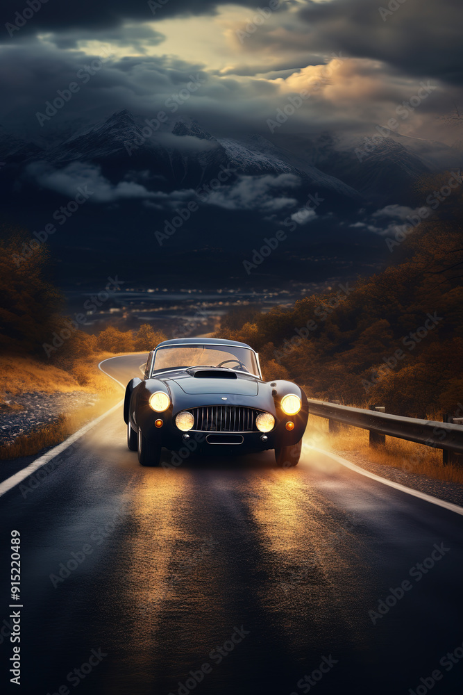 Fototapeta premium Retro car drives on cinematically lit road