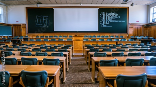 Empty classroom with wooden desks, green chairs, and blackboards, ready for a lecture or seminar. Modern educational environment.