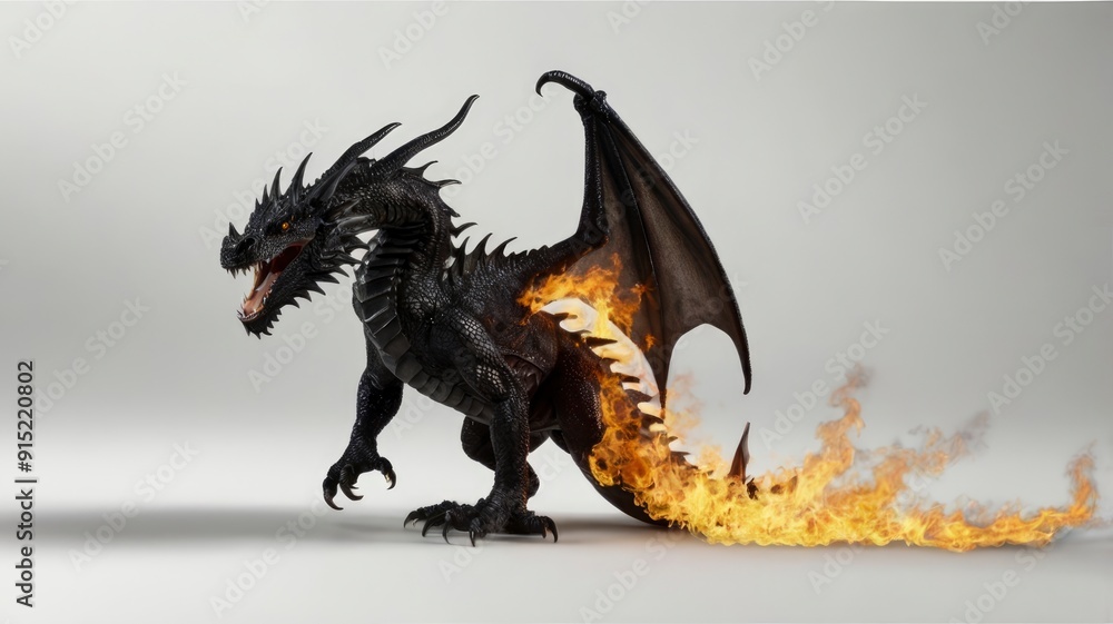 Fototapeta premium Black dragon breathing fire, cut out on white or transparent PNG