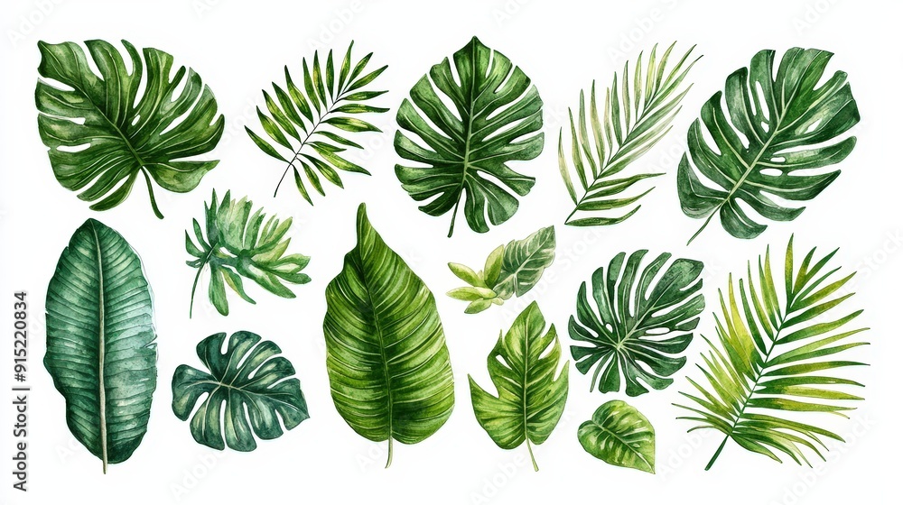 Various tropical leaves are displayed in an artistic arrangement, showcasing their lush green hues and diverse shapes Various tropical leaves are displayed in an artistic arrangement, showcasing their lush green hues and diverse shapes