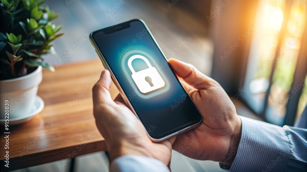 A close-up of a person's hand holding a smartphone with a lock icon on the screen, indicating a secure and private mobile phone conversation. A close-up of a person's hand holding a smartphone with a lock icon on the screen, indicating a secure and private mobile phone conversation.