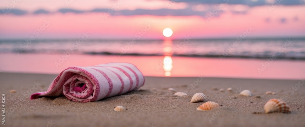 A serene beach scene at sunset, featuring a towel and seashells on the sand, evoking relaxation and vacation vibes A serene beach scene at sunset, featuring a towel and seashells on the sand, evoking relaxation and vacation vibes
