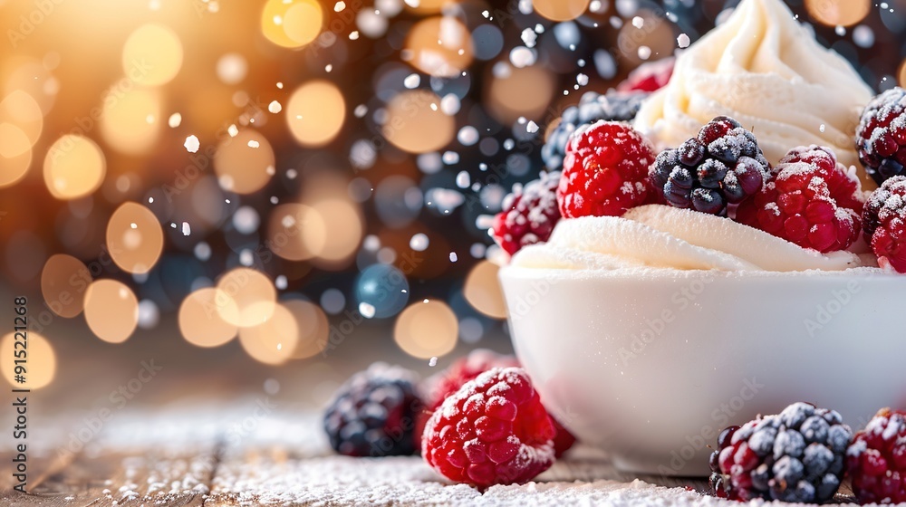 A photo of a close-up bowl of ice cream topped with raspberries and blackberries A photo of a close-up bowl of ice cream topped with raspberries and blackberries