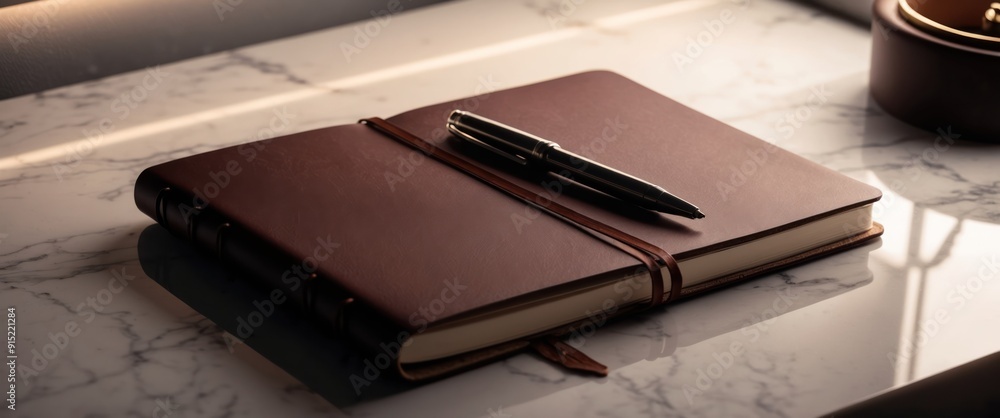 Elegant leather notebook and pen on a marble desk, ideal for creativity and organization in a stylish workspace Elegant leather notebook and pen on a marble desk, ideal for creativity and organization in a stylish workspace